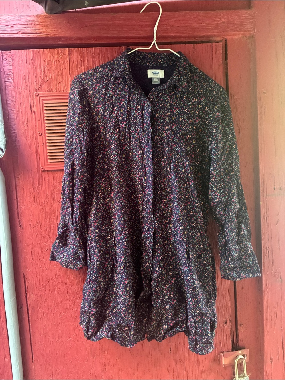 Old Navy Floral Button-Front Blouse - Navy with Pink & Green Accents